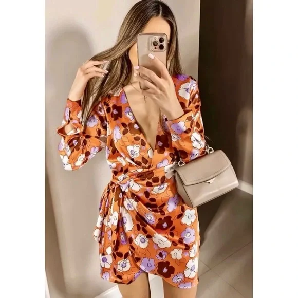 Zara Long Sleeve Floral Satin Mini Wrap Dress - Picture 2 of 12